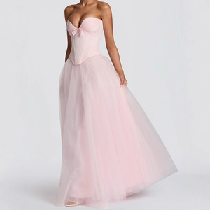 Vestido de noche sin tirantes con corte en A para mujer, de tul de color liso, ajustado con cintura ceñida, vestido largo de fiesta - Product Image 1