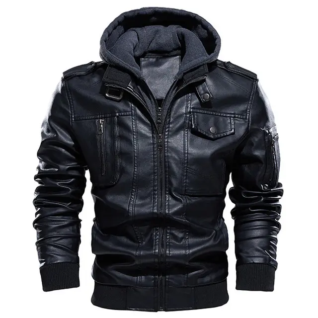 Sidiou Group Motorcycle Jacket Men Casual PU Leather Jackets Man Winter Thick Warm Vintage Hooded Collar Bomber Leather Coats