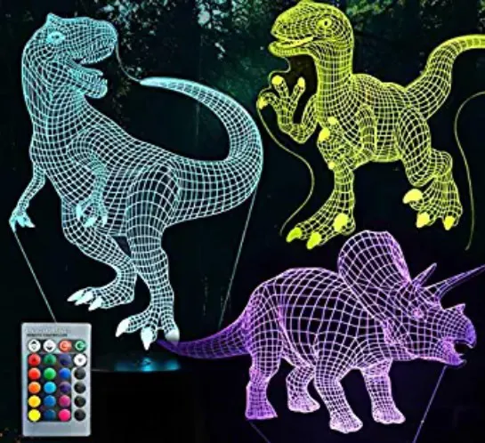 3 in 1 Creative 7 Color Changing 3D LED Flashing Dinosaur night light for boys