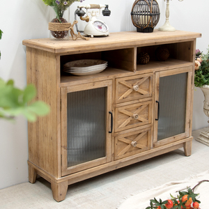 <b>Rustic</b> Vintage Farmhouse Style Solid Wood Durable High Quality Glass Door Carved Storage Drawers for Home Bar Living Room - Product Image 3