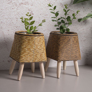 Imitation Rattan Woven <b>Flower</b> Pot With Wooden Legs Desktop Plant Container <b>For</b> Indoor Use - Product Image 2