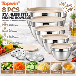 Ensemble de 8 bols mélangeurs en acier inoxydable avec couvercles, râpes et base antidérapante, bols emboîtables pour la pâtisserie, la cuisine et la préparation des salades - Product Image 1