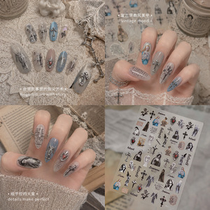 Autocollants pour ongles en PVC imperméables, fins et adhésifs, style gothique grunge, en gros, motifs croix noire et argentée, ange, Vierge Marie, pour fournitures de salon - Product Image 4