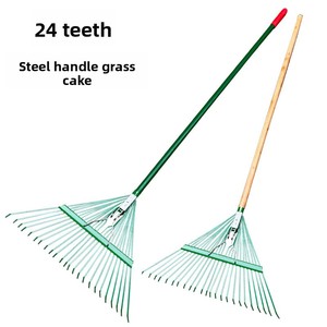 PINSHUN PS275 Balai à feuilles en fil métallique, balayette à feuilles, manche en bois et acier inoxydable 1,2 m, acier au carbone, 24 dents, personnalisable - Product Image 1