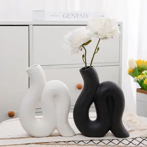 Vaso de cerâmica irregular, vaso de cerâmica simples preto branco abstrato de porcelana decorações para casa vasos internos