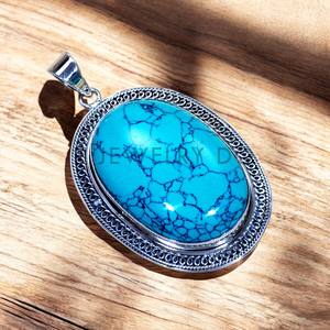 925 argent Sterling fait à la main ovale coupe lunette ensemble pendentif en pierre Turquoise naturelle avec cadeau torsadé élégant pendentif à breloque - Product Image 1