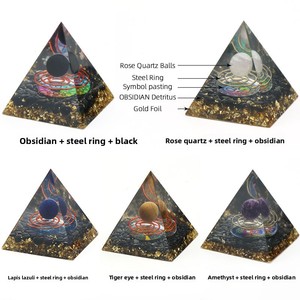 Boule de cristal naturelle de 6 cm, ornement pyramidal poli, enveloppé de gravier et d'un anneau en acier, feuille d'or - Product Image 2