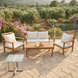 Contemporary Outdoor <b>Wood</b> <b>Sofa</b> Set with White Cushions for Garden Patio Furniture - Product Image 2