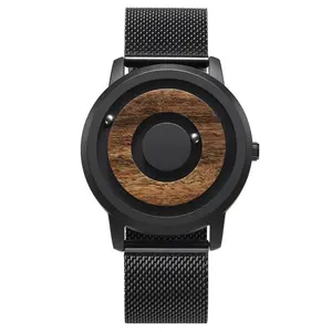 奢华经典石英黑钢手表，带木质表盘磁性球木质男女手表
