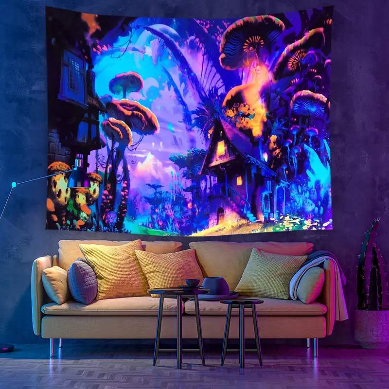 Fluorescent Mushroom Castle Wall Hanging Tapestry Nature Art Starry Sky Galaxy Psychedelic Carpet