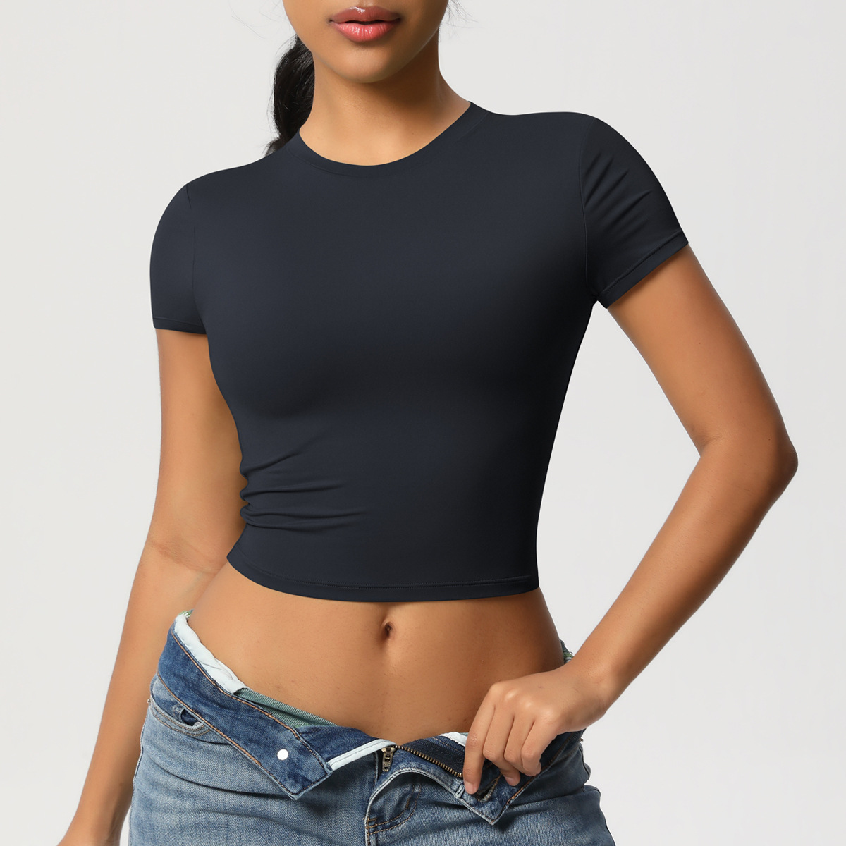 2026 New Women Nude Feeling Short Sleeve Yoga Tops Round Collar Slim Shirts Compression Gym Tops Workout Shirts Pilates Wear
