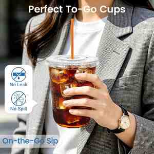 Gobelets en plastique jetables transparents à fond rond de 16 oz avec couvercles et pailles décoratives colorées pour café glacé et boissons froides - Product Image 5