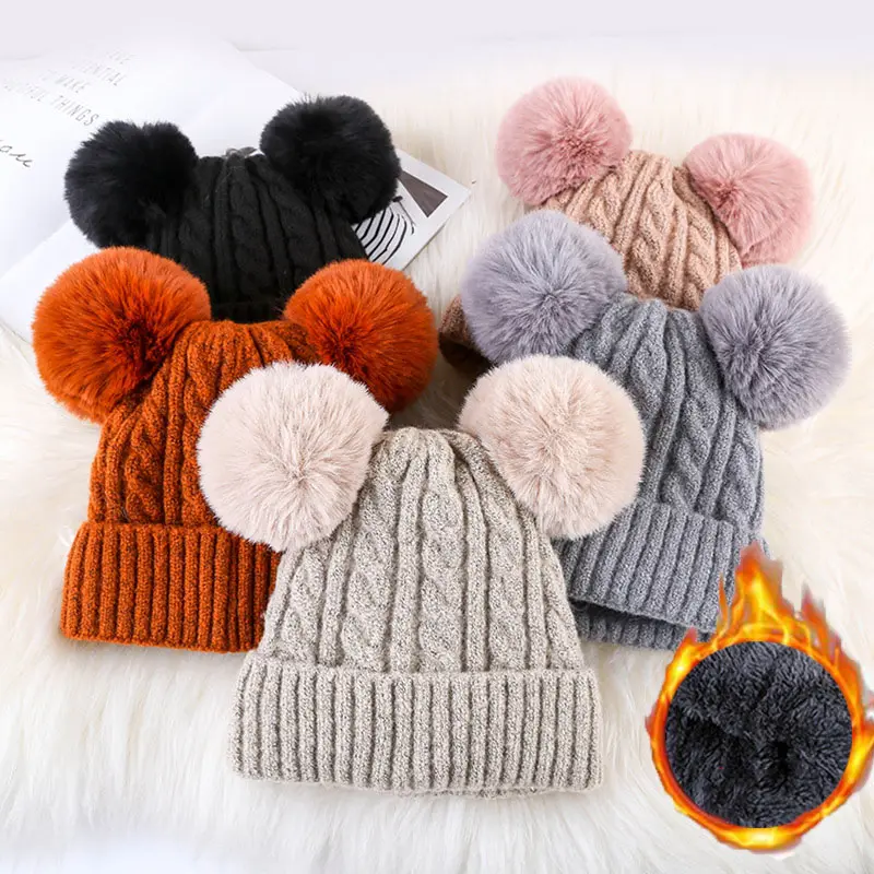 2022 Women Winter Warm Fleece Faux Fur Pom Pom Hats Adult Knitting Caps Double Pom Beanie Hat