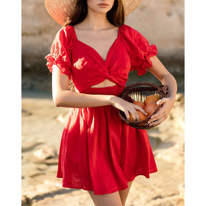 Mới Đến Kỳ Nghỉ 2024 Smocking Thời Trang Mùa Hè Mini Dress Puff Tay Áo Ngắn Sexy Màu Đỏ Phương Tây Bãi Biển Ăn Mặc Giản Dị Cho Phụ Nữ - Product Image 2