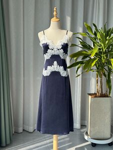 Vestido de satén de seda con encaje francés exquisito para mujer, elegante, de lujo, con cuello en V, estilo vintage, hasta la rodilla, natural, para verano. - Product Image 3