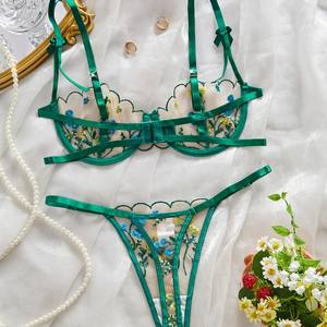 Lencería femenina sexy elegante, conjunto de 2 piezas bordado verde Coquette íntimo, lencería verde con lazo Floral pequeño para chica joven - Product Image 3