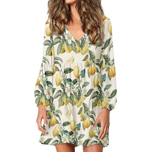Full <strong>Printed</strong> <strong>Lemon</strong> Design Customized Long Sleeve Pleated Skirt <strong>Dress</strong> Vintage V-neck Casual <strong>Dresses</strong> for Women Beach Clothing - Product Image 1