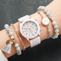 Ensemble 5 femmes décontracté mode Quartz analogique Silicone montres-bracelets Antique marbre veine Bracelets alliage boîtier pièce dessin animé Haiou