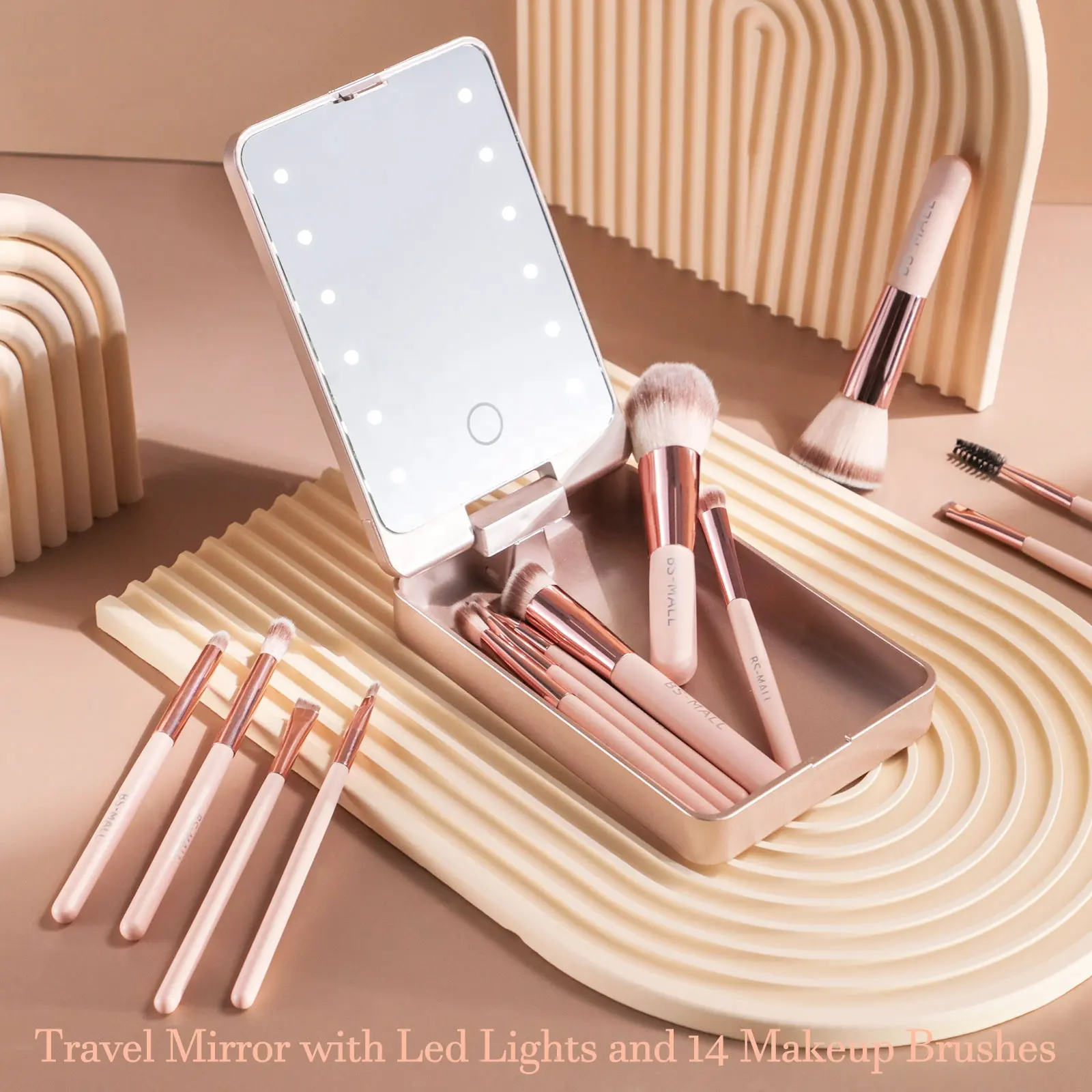 2024 New Makeup Brush Set with Mirror Case Custom Logo 14PCS BS-MALL Travel LED Mirror Makeup Brush Set