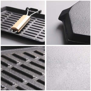 Voorgekruide gietijzeren vierkante grillpan met inklapbaar, afneembaar handvat, inductie vierkante pan, buitenkookgerei voor kamperen - Product Image 3