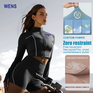 Women's Yoga Sports Set Quick Dry Zipper Long-sleeved Yoga <b>Jacket</b> Soft Breathable <b>Workout</b> Shorts Slim Seamless Lightweight Front - Product Image 1