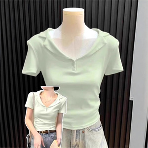 Polo con cuello en V, camisetas de algodón puro, <span class=keywords><strong>camisas</strong></span> plisadas ajustadas para abrazar la cintura, camisetas cortas personalizadas al por mayor - Product Image 4