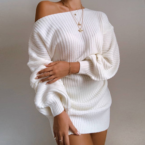 Nouvelle Collection Automne – Pull Court Tricoté Blanc Décontracté à <span class=keywords><strong>Col</strong></span> <span class=keywords><strong>Bateau</strong></span> et Épaule Dénudée pour Femme - Product Image 1