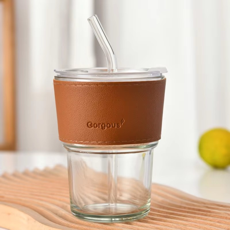 Tasse transparente + manchon marron