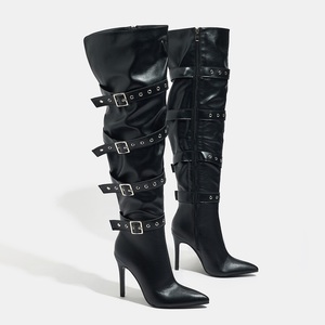 Bottes cuissardes style punk pour femme avec boucle, fermeture éclair, bout pointu, talons de soirée pour strip-teaseuses - Product Image 1