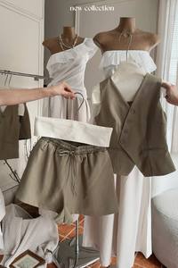 Conjunto de Chaleco Ghillie Marrón con Pantalones Cortos, Estilo Casual, Sin Mangas, Cuello en V, Mezcla de Lino, Tejido, Muestra Disponible, Uso Diario - Product Image 5