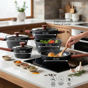 Non Stick 9-Piece Forged Aluminum Cookware Set Ceramic Coated Pot <b>Pan</b> Glass <b>Lids</b> Wooden Soft touch Handles Dishwasher Safe - Product Image 5