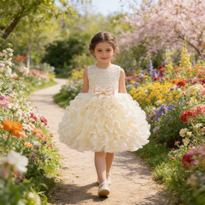 Abito da <span class=keywords><strong>Cerimonia</strong></span> per Bambina con Cuore in Pizzo e Fiore, Vestito Formale in Raso e Pizzo con Fiocco, Abbigliamento per Bambini all'Ingrosso - Product Image 4