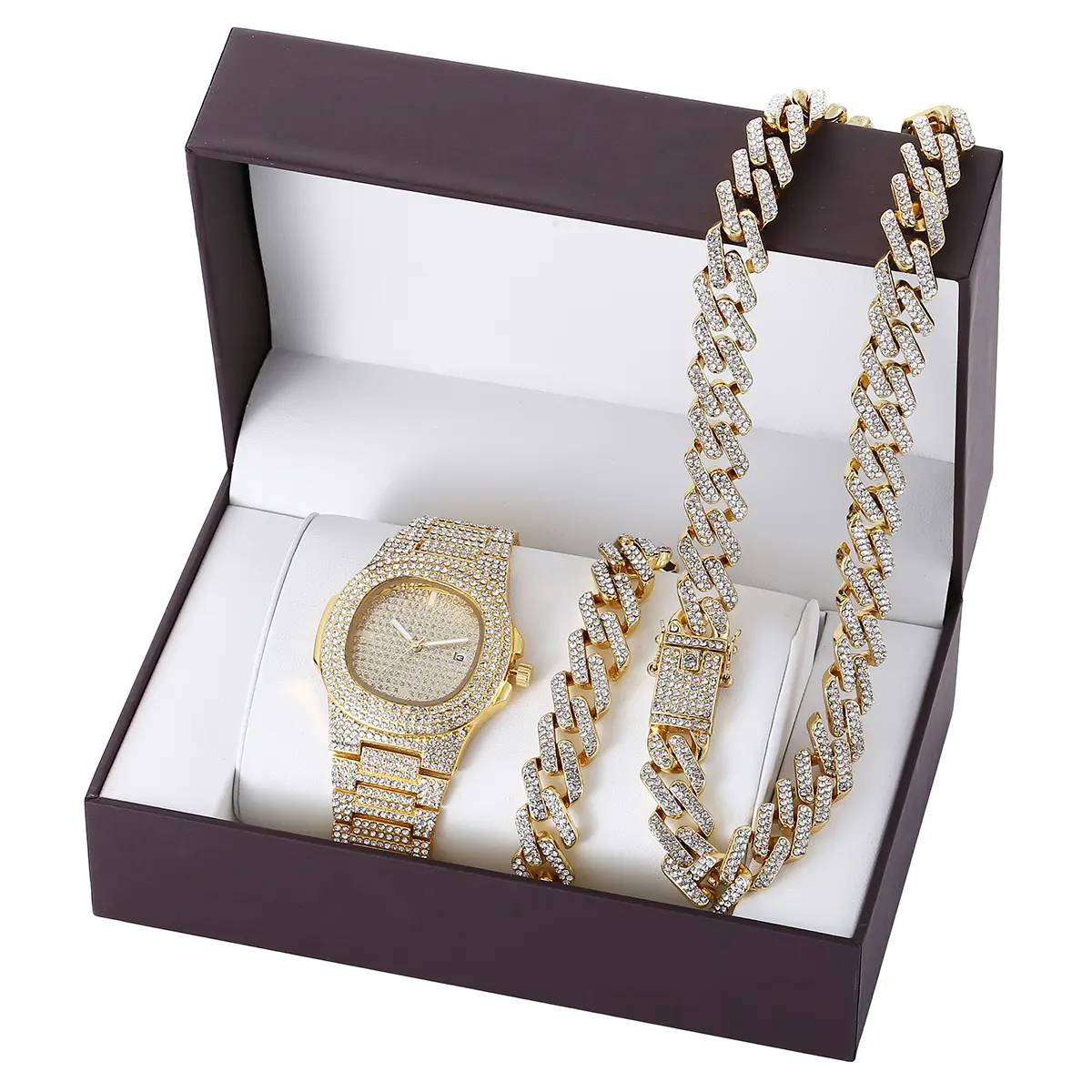 Cuban Chain Watch Set Necklace Watch Bracelet Hop Gold Iced Out Paved Rhinestones CZ Bling Rapper For Men Jewelry