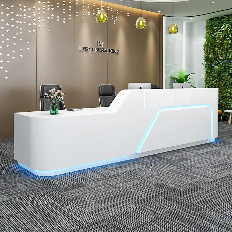 Comptoir de réception Lumière LED blanche Mobilier de bureau de haute qualité Comptoir de bureau en bois MDF Salon de beauté Bureaux de réception blancs
