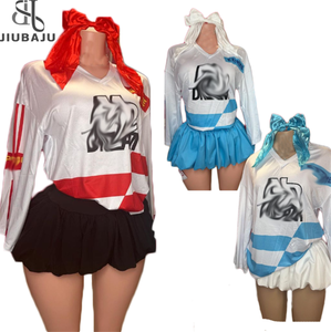 Conjunto de 3 piezas para mujer, Camiseta deportiva de manga larga con cuello en V + horquilla con pajarita + faldas de burbujas, trajes casuales elásticos a juego - Product Image 1