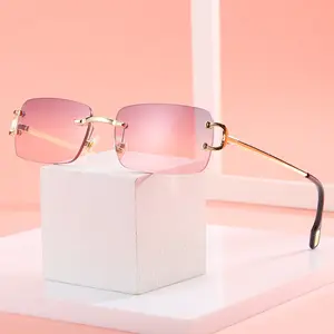 Rechthoek Vierkante Vintage Mode Zonnebril 2024 Gafas De Sol Metalen Gesneden Randloze Zonnebril Vrouwen