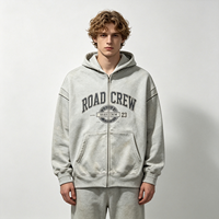 Sweat à capuche zippé en coton épais gris, style universitaire vintage, veste de travail décontractée, vente en gros