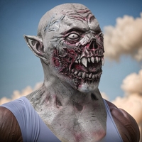 Masque en latex gris de zombie sanglant aux oreilles pointues, drôle, couvrant tout le visage, avec dents pointues, pour Halloween, cosplay, maison hantée, fête costumée