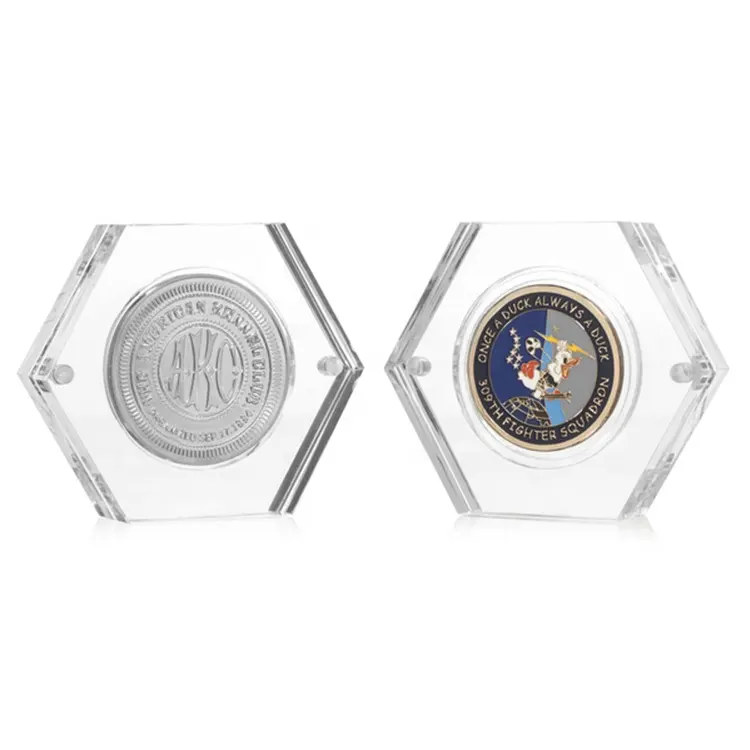 Plexiglass Magnetic Coin Display Frame Case Hexagon acrylic medal display block