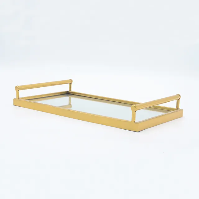 European Gold Metal Rectangular Food Serving Mirror Tray with Handles on Both Sides for Home Decor