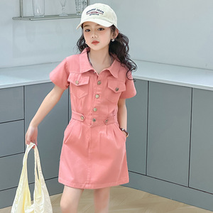 Girl's <strong>Dresses</strong> 2026 <strong>Teenager</strong> Girl's Short Sleeve Pink Beige A-line Buttons <strong>Dress</strong> - Product Image 1