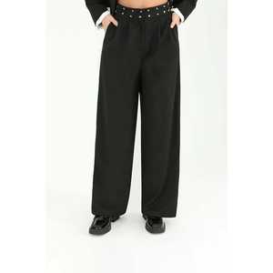 Pantalones Elegantes de Pierna Ancha para Mujer, Cintura Alta, Satén Negro, Antiarrugas, Plisados - Product Image 1