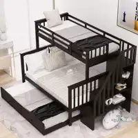 Solid Wood Bunk Bed Frame with Ladder and Stairs