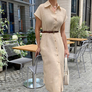<span class=keywords><strong>Abito</strong></span> Lungo Enyami in Cotone e <span class=keywords><strong>Lino</strong></span> Blu Kaki a Vita Alta con Tasche per Donna Primavera Estate Autunno - Product Image 5