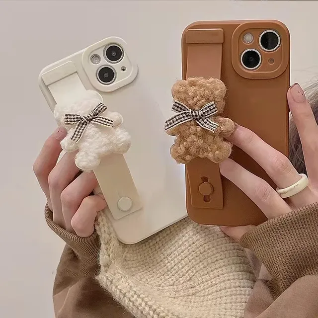 3D Fuzzy Plush Bear Wrist Strap Soft TPU Anti-Fingerprint Lightweight Shockproof Phone Case for 11/12/13/14/15/16 Plus