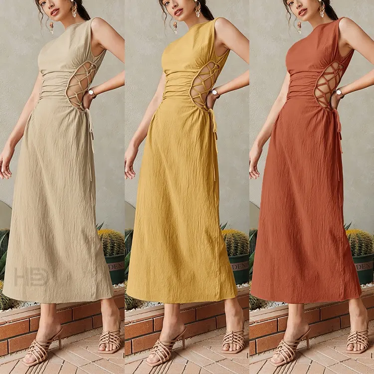 OEM 2023 American Clothing Bulk OEM maxi dress summer vestidos casual floral print ladies linen dresses women
