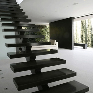 Escalier flottant moderne en acier doux et verre / Escalier en acier préfabriqué et verre pour intérieur - Product Image 1