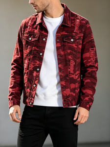 <strong>Men</strong> <strong>Red</strong> Camouflage Ripped Denim Trucker Jacket Distressed Vintage Streetwear Casual Long Sleeve Breathable 100% Cotton <strong>Jean</strong> - Product Image 2