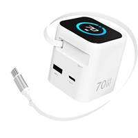 Nouveau chargeur mural 70W avec câble Type C rétractable et double port, chargeur GAN de voyage, chargeur mural rapide PD PPS pliable