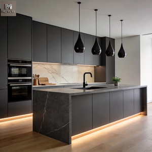 Gabinetes de <span class=keywords><strong>Cocina</strong></span> Modernos de Lujo con Isla Redondeada, Diseño Minimalista, Madera Contrachapada MDF con Acabado en Veta de Madera, Armarios de Almacenamiento Integrados - Product Image 3